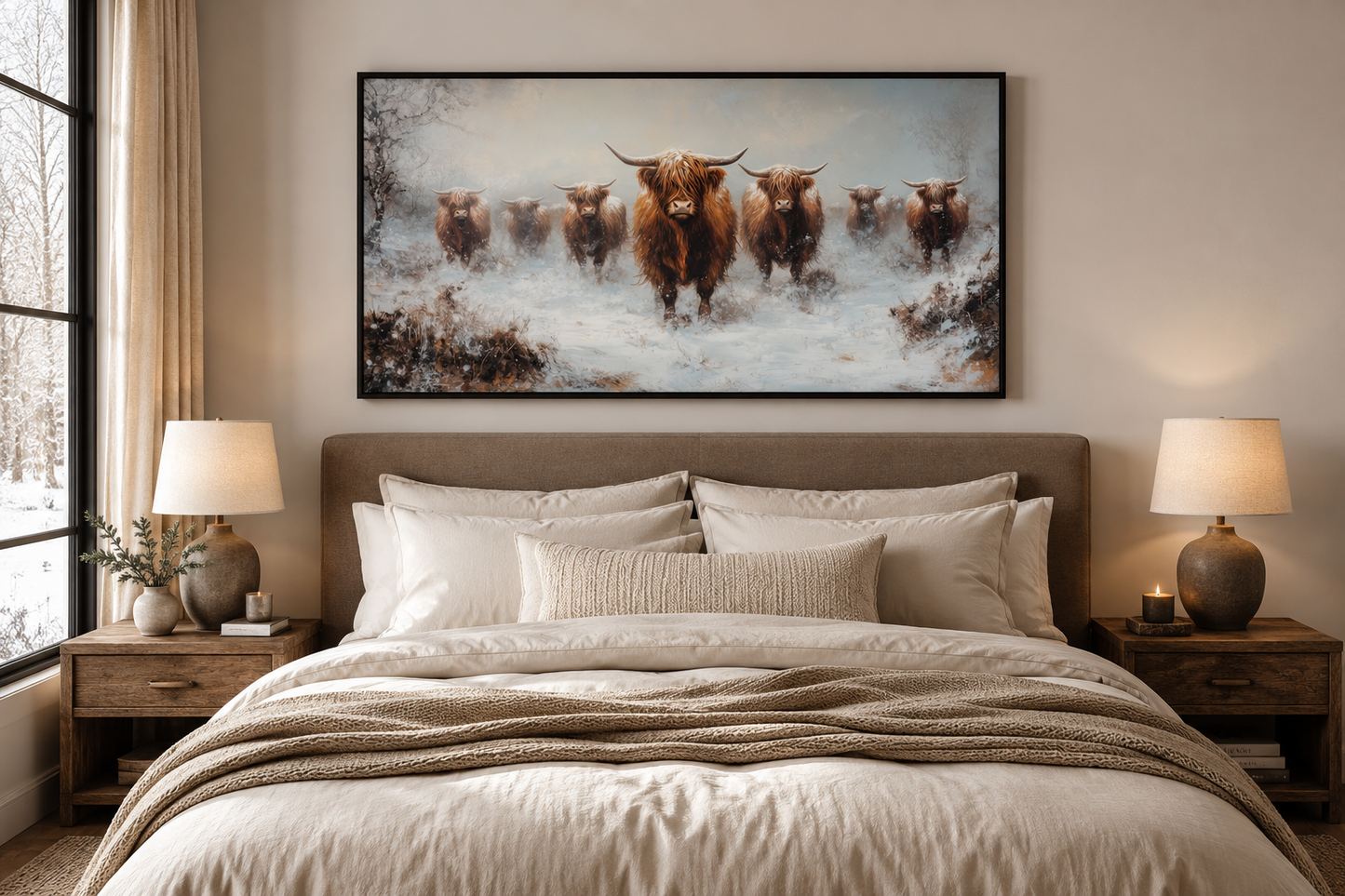 Herd Of Highland Cows In Snow Framed Canvas Wall Art