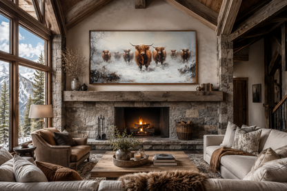 Herd Of Highland Cows In Snow Framed Canvas Wall Art