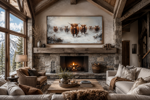 Herd Of Highland Cows In Snow Framed Canvas Wall Art