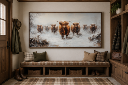 Herd Of Highland Cows In Snow Framed Canvas Wall Art