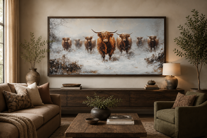 Herd Of Highland Cows In Snow Framed Canvas Wall Art