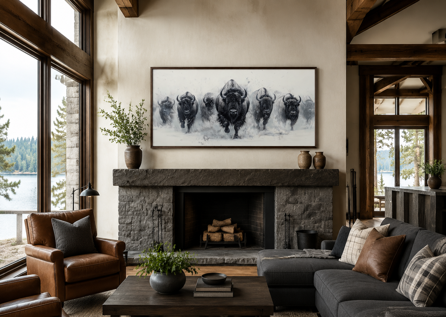 Herd Of Running Bison In Snow Black White Framed Canvas Wall Art