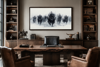Herd Of Running Bison In Snow Black White Framed Canvas Wall Art