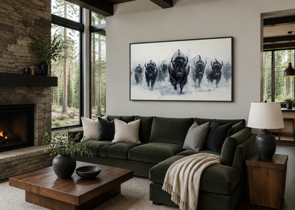 Herd Of Running Bison In Snow Black White Framed Canvas Wall Art