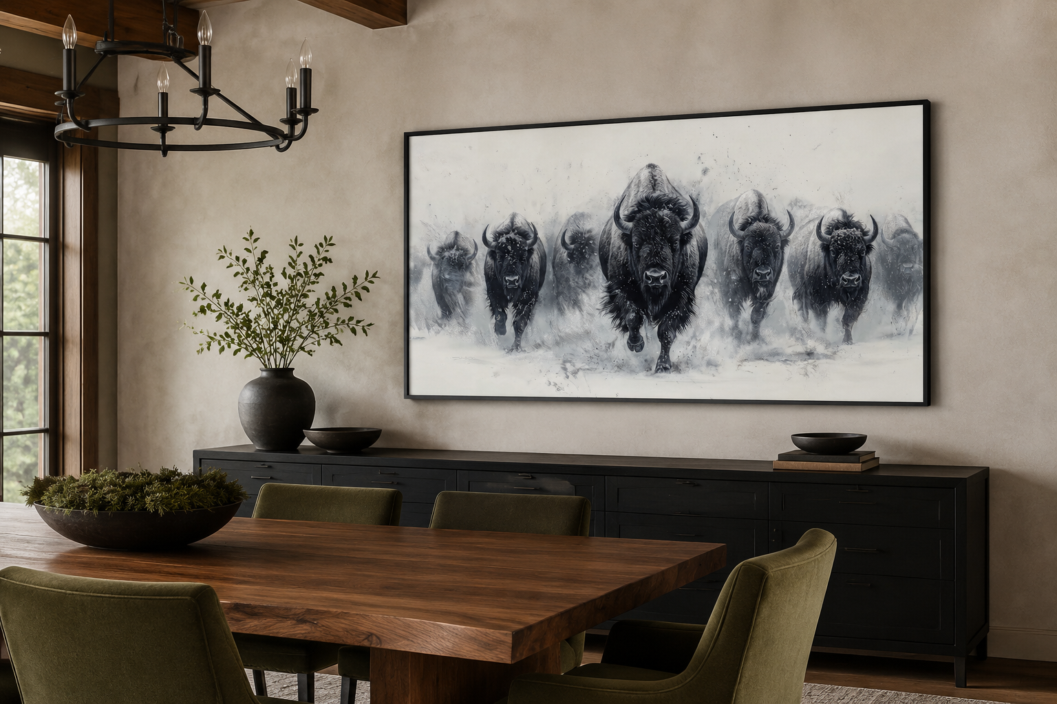 Herd Of Running Bison In Snow Black White Framed Canvas Wall Art