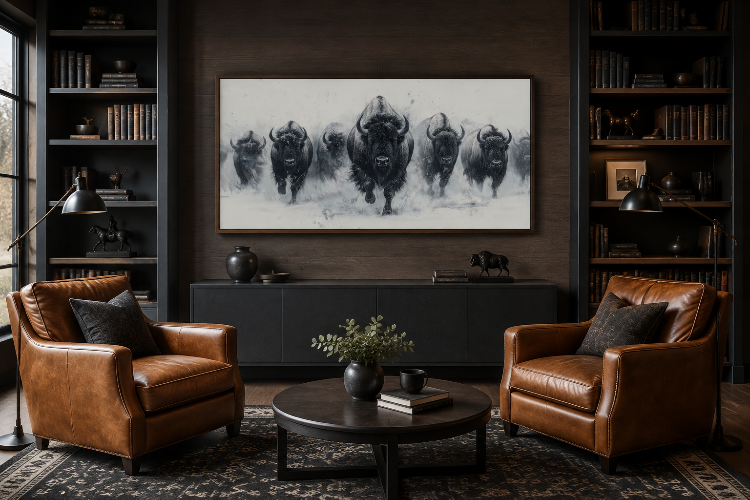 Herd Of Running Bison In Snow Black White Framed Canvas Wall Art
