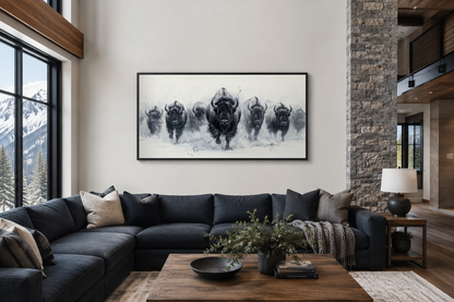 Herd Of Running Bison In Snow Black White Framed Canvas Wall Art