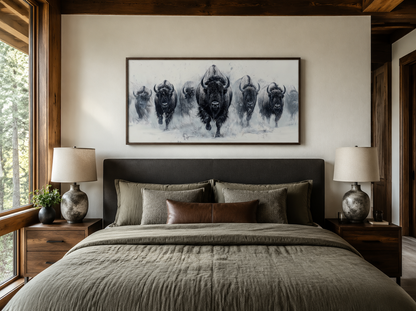 Herd Of Running Bison In Snow Black White Framed Canvas Wall Art