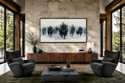 Herd Of Running Bison In Snow Black White Framed Canvas Wall Art