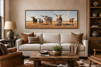 Herd of Texas Longhorn Cows Panoramic Framed Canvas Wall Art