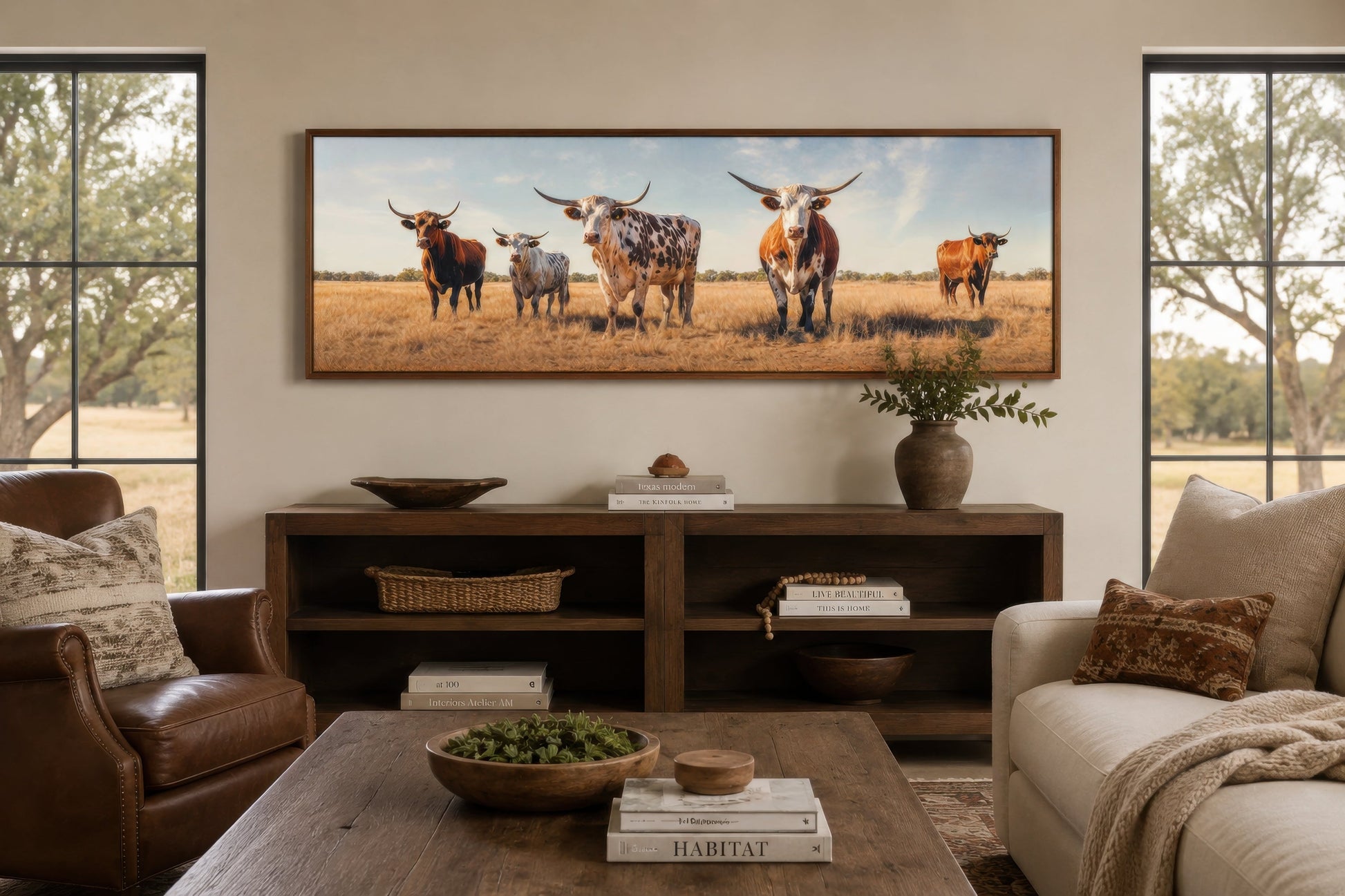 Herd of Texas Longhorn Cows Panoramic Framed Canvas Wall Art