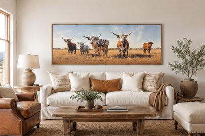 Herd of Texas Longhorn Cows Panoramic Framed Canvas Wall Art