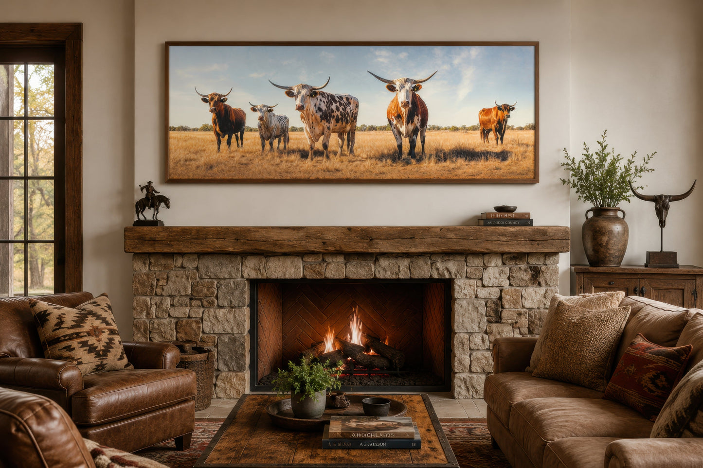 Herd of Texas Longhorn Cows Panoramic Framed Canvas Wall Art