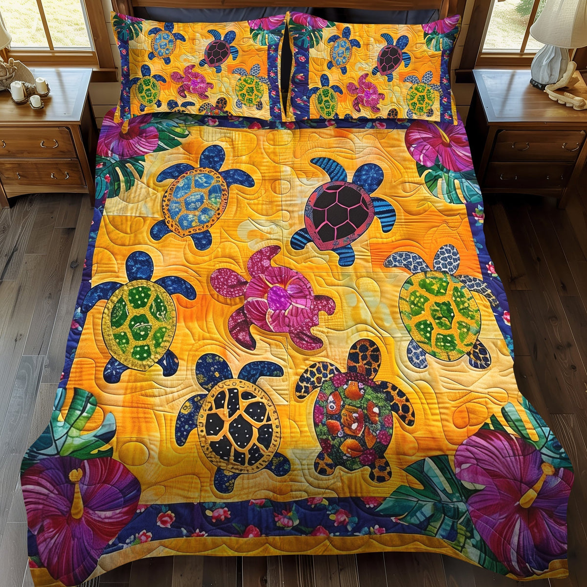 Single (59'' x 70'') /Hibiscus Turtle 3-Piece Quilted Bedding Set
