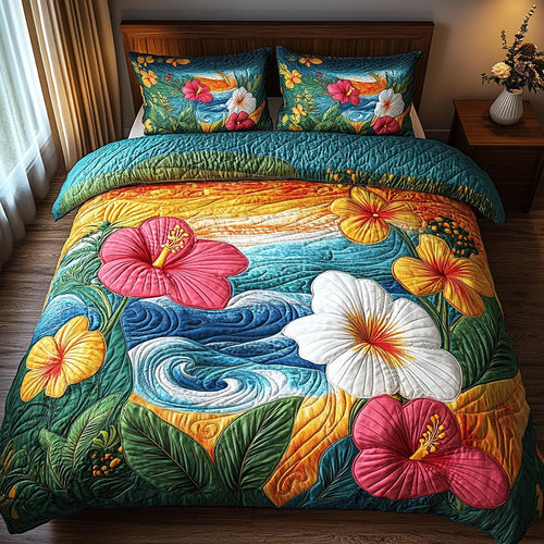 Hibiscus Breeze 3-Piece Quilted Bedding Set - Single (59" x 70")
