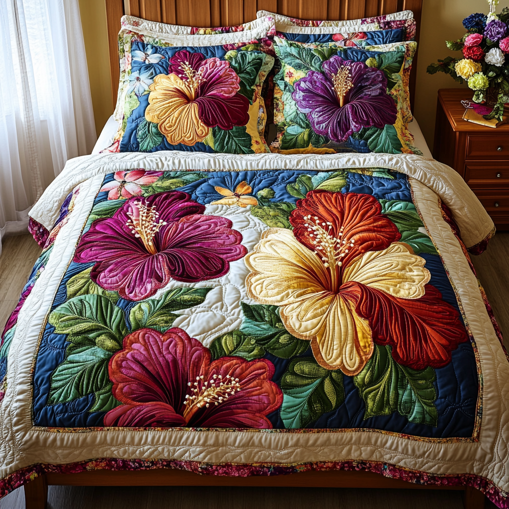 Hibiscus Haven 3-Piece Quilted Bedding Set - Single (59" x 70")