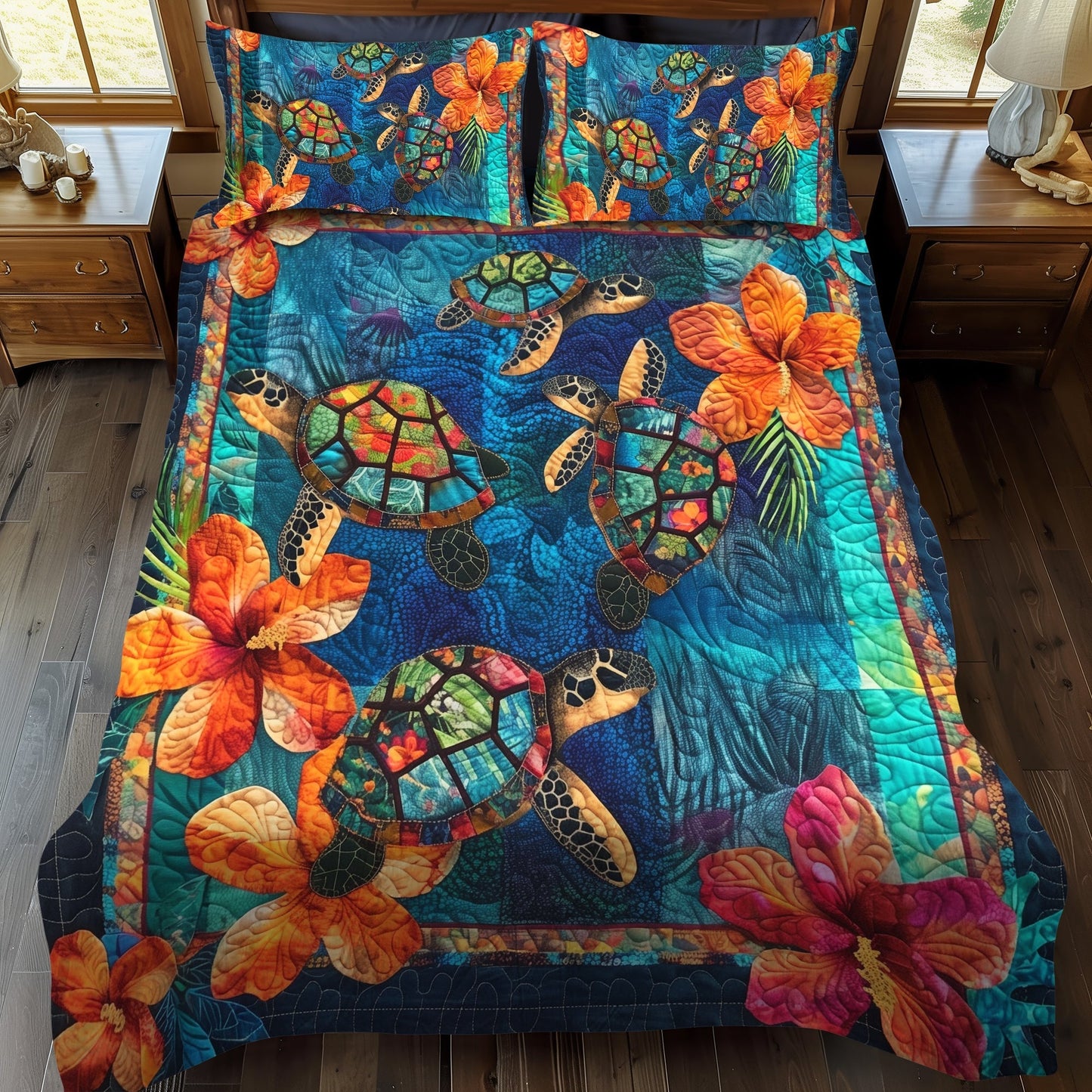 Single (59'' x 70'') /Blue Reef Turtle 3-Piece Quilted Bedding Set