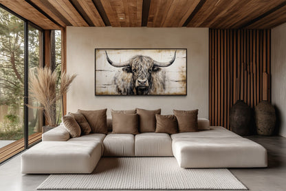 Highland Bull Painting On Wood Rustic Farmhouse Framed Canvas Wall Art