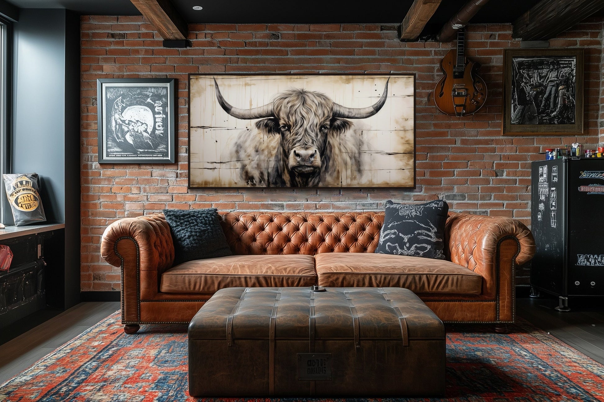 Highland Bull Painting On Wood Rustic Farmhouse Framed Canvas Wall Art