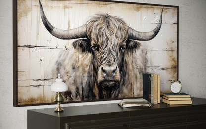 Highland Bull Painting On Wood Rustic Farmhouse Framed Canvas Wall Art