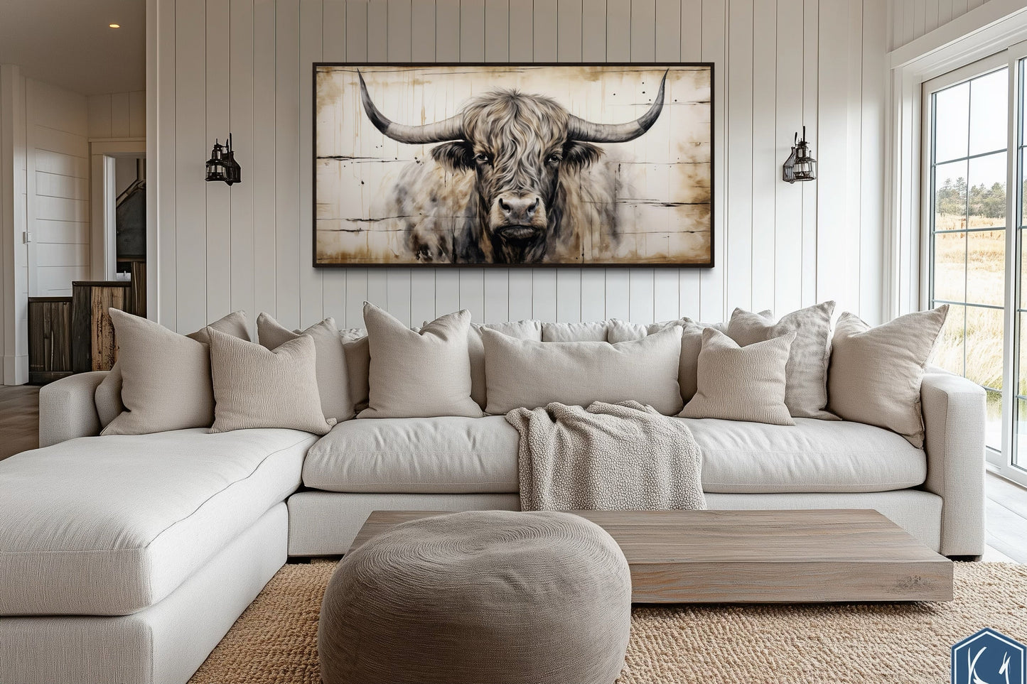 Highland Bull Painting On Wood Rustic Farmhouse Framed Canvas Wall Art