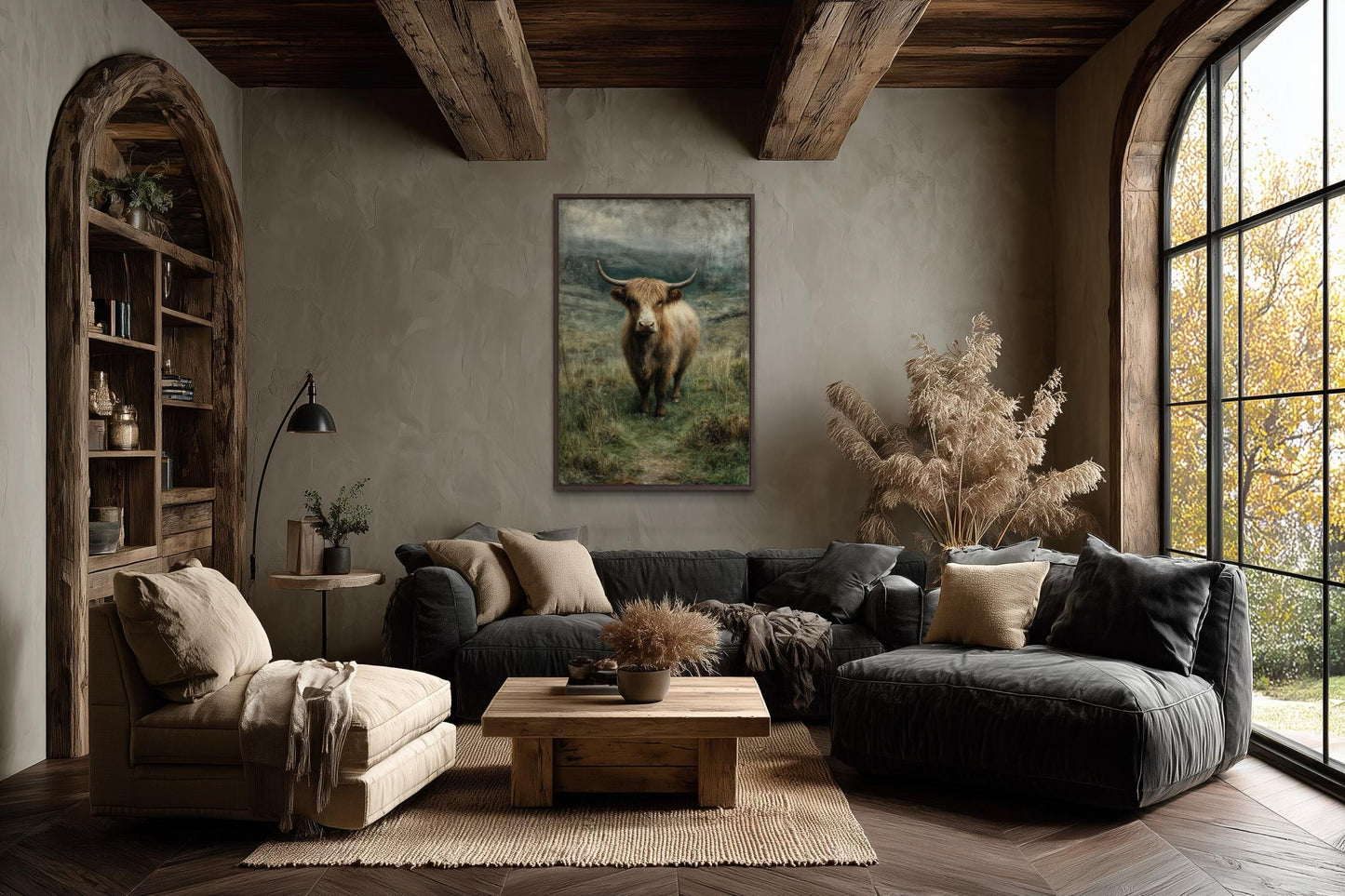 Highland Cow In Green Pasture Vertical Canvas Wall Art