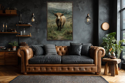 Highland Cow In Green Pasture Vertical Canvas Wall Art