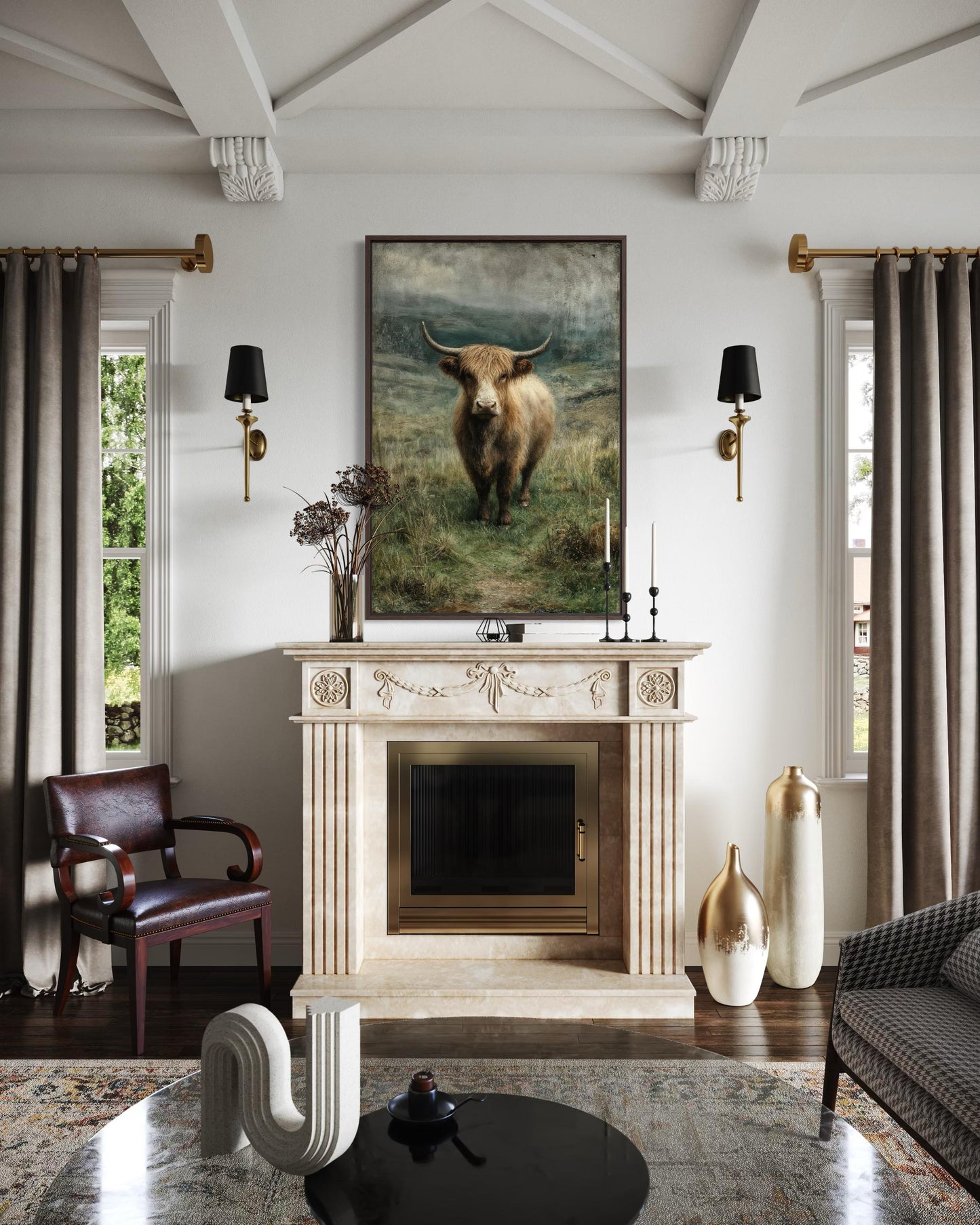 Highland Cow In Green Pasture Vertical Canvas Wall Art