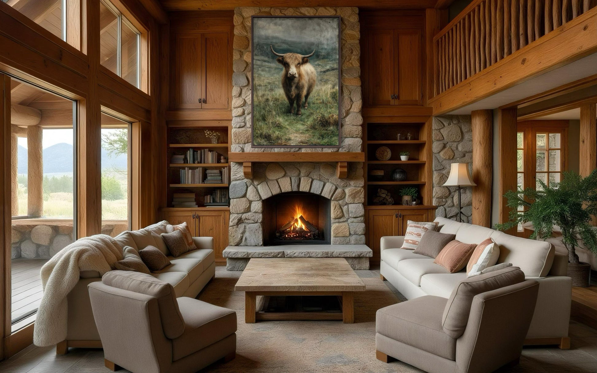 Highland Cow In Green Pasture Vertical Canvas Wall Art