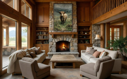 Highland Cow In Green Pasture Vertical Canvas Wall Art