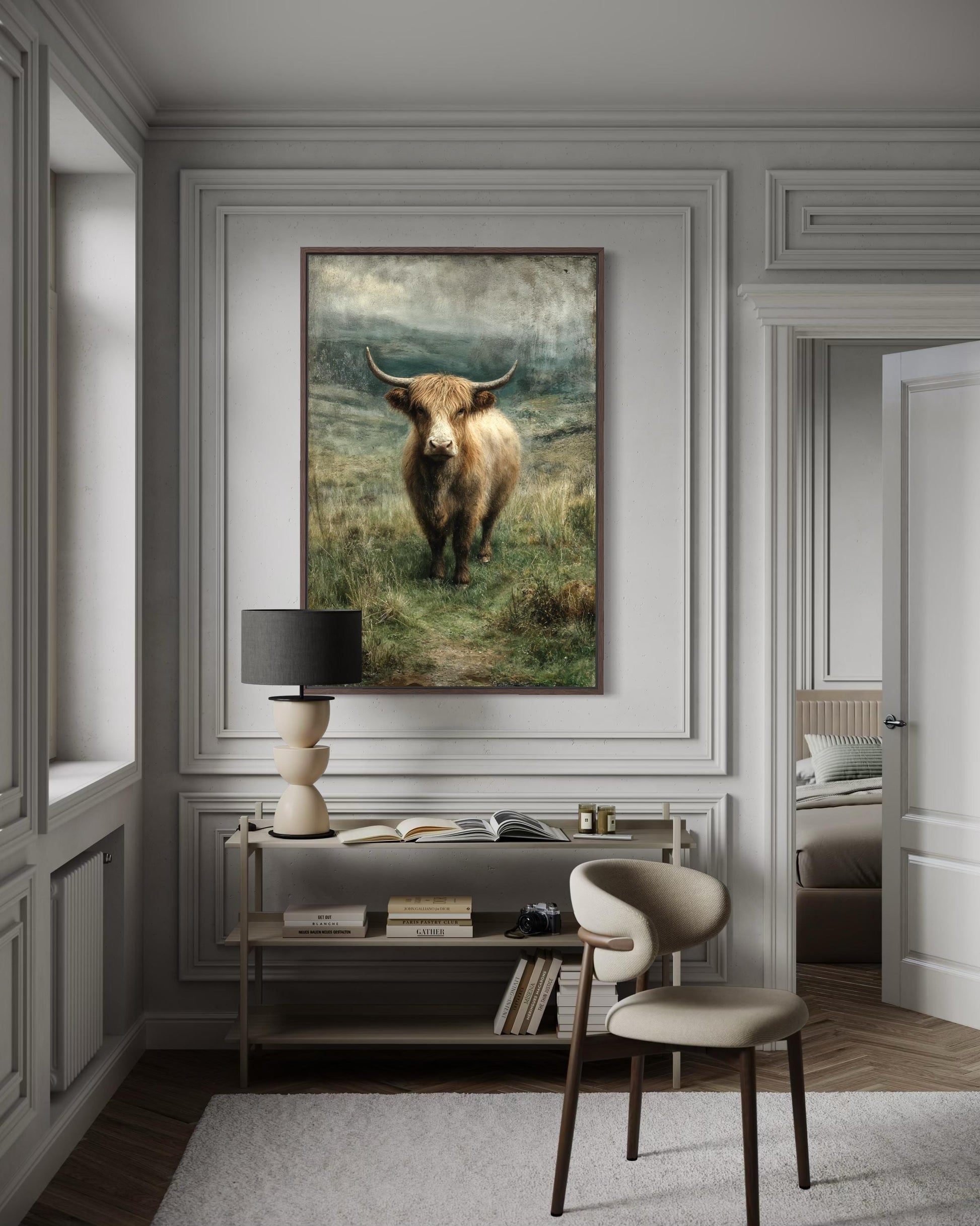 Highland Cow In Green Pasture Vertical Canvas Wall Art