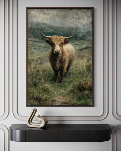 Highland Cow In Green Pasture Vertical Canvas Wall Art