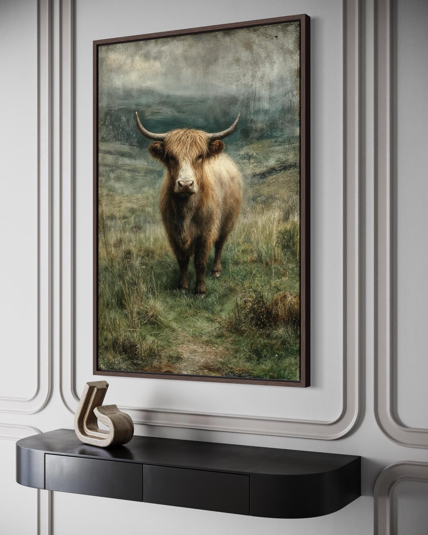 Highland Cow In Green Pasture Vertical Canvas Wall Art
