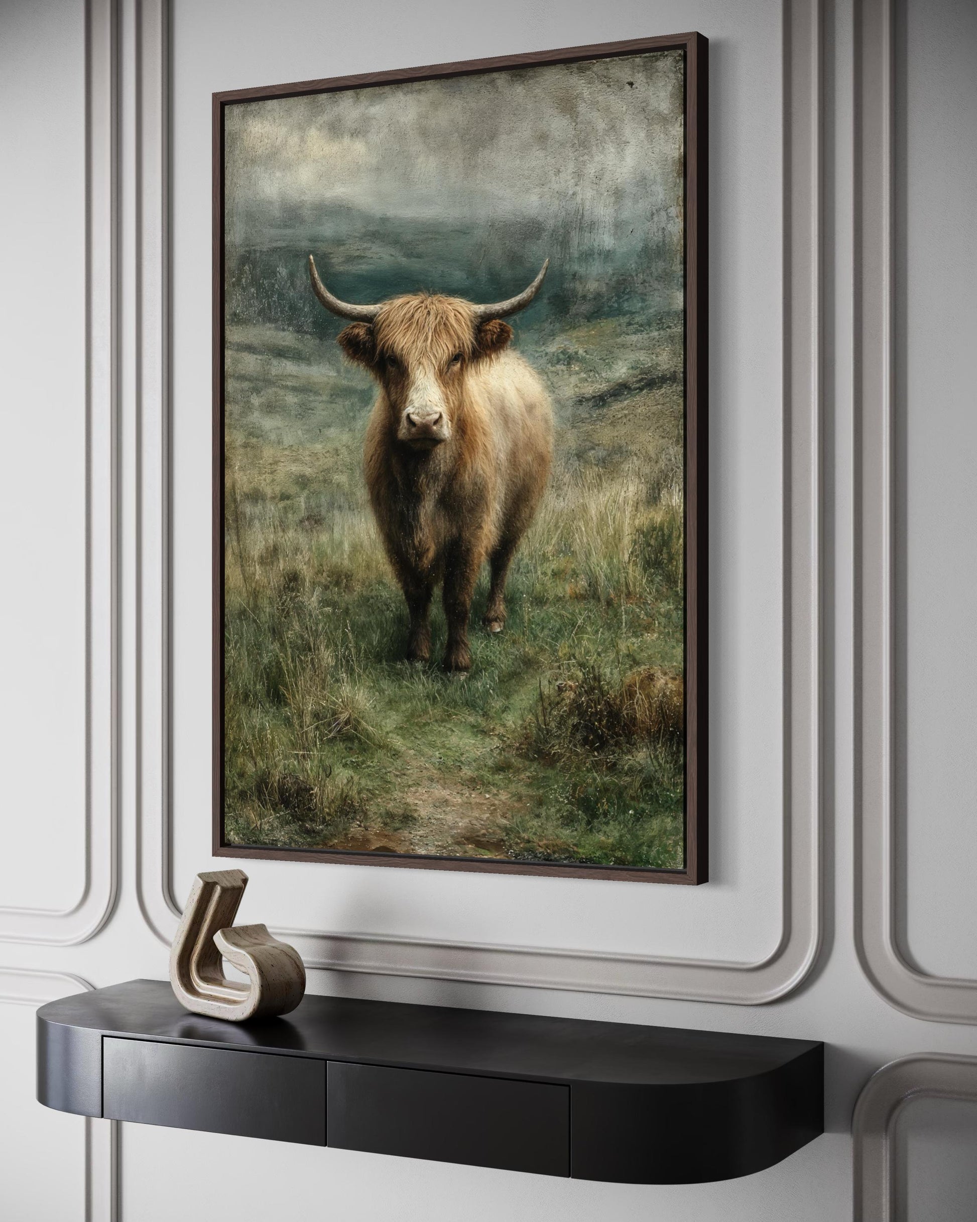 Highland Cow In Green Pasture Vertical Canvas Wall Art