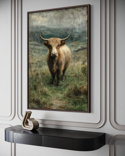 Highland Cow In Green Pasture Vertical Canvas Wall Art
