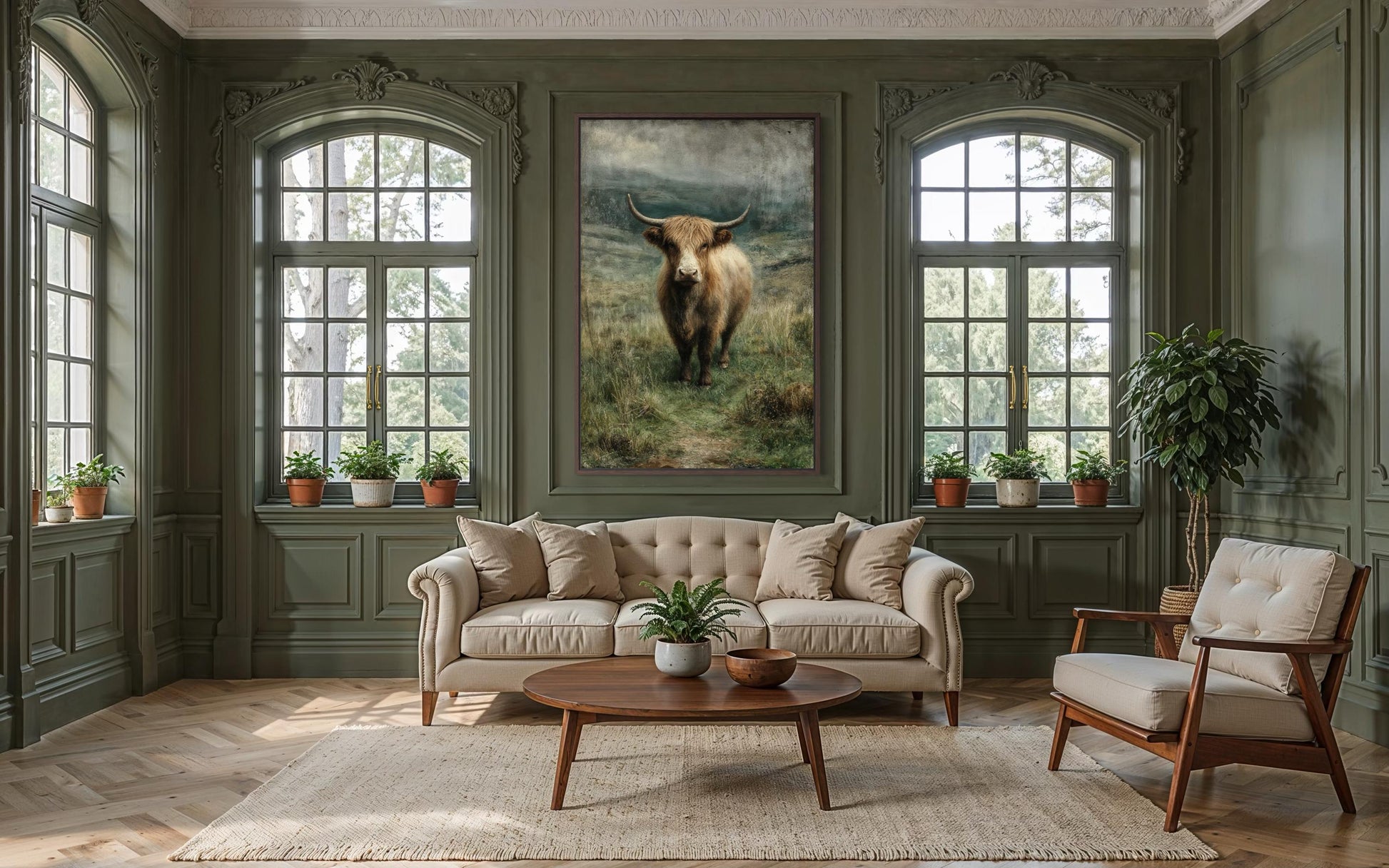 Highland Cow In Green Pasture Vertical Canvas Wall Art