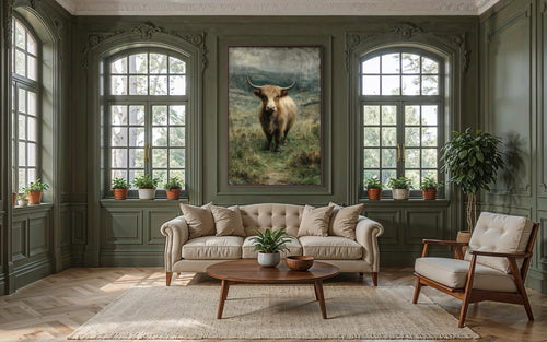 Highland Cow In Green Pasture Vertical Canvas Wall Art