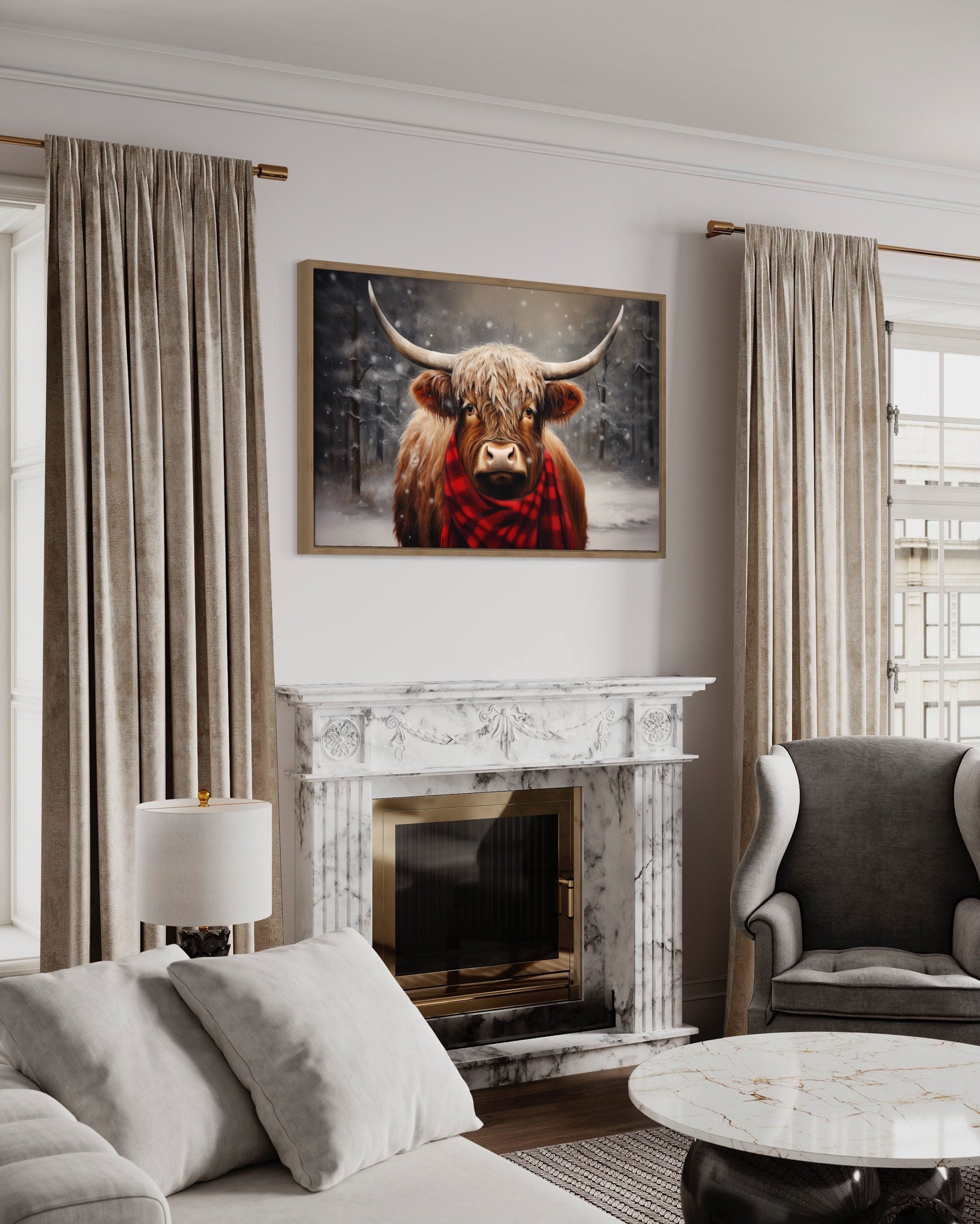 Highland Cow In Snow Winter Framed Canvas Wall Art
