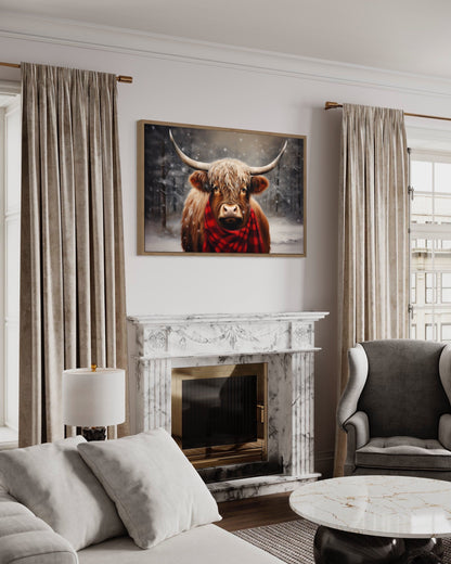 Highland Cow In Snow Winter Framed Canvas Wall Art