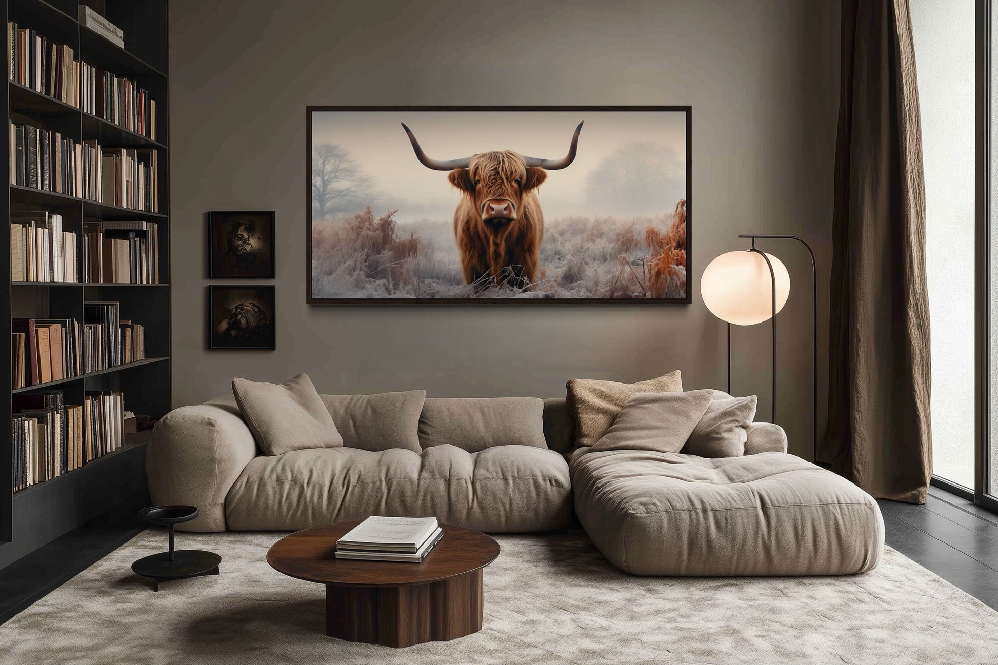 Highland Cow In The Field Sepia Photograph Style Framed Canvas Wall Art