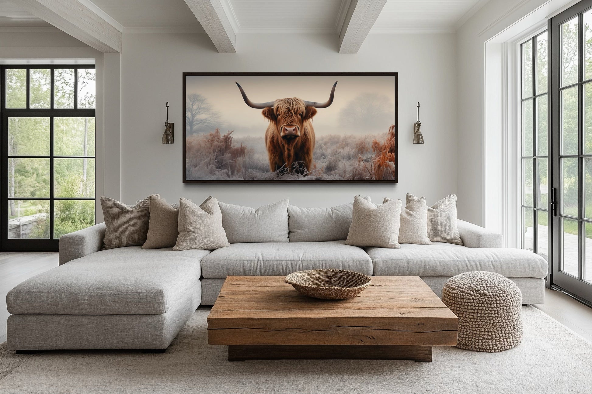 Highland Cow In The Field Sepia Photograph Style Framed Canvas Wall Art