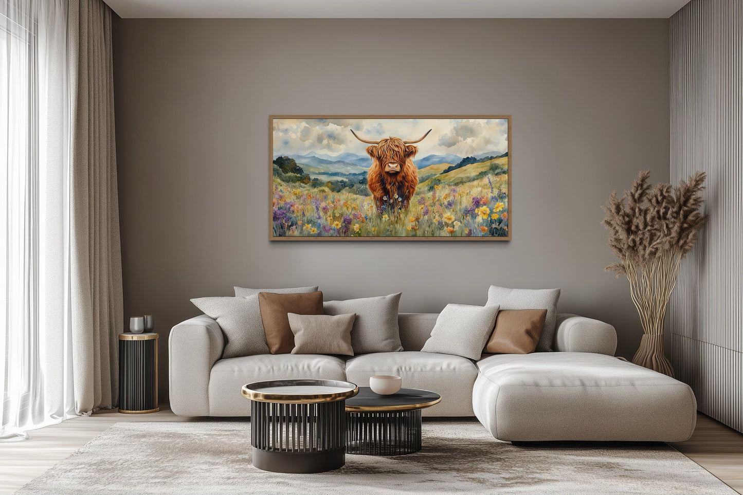 Highland Cow In Wildflower Field Framed Canvas Wall Art