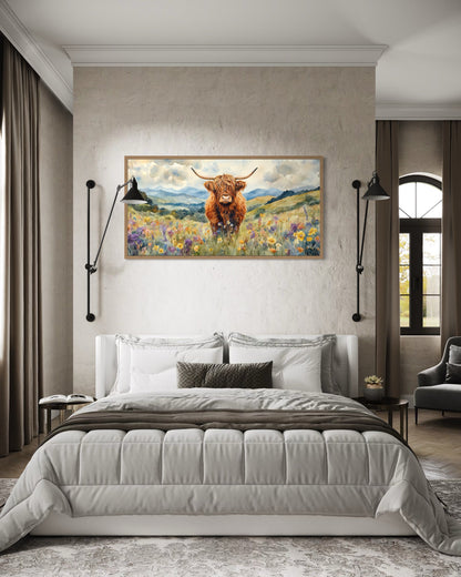 Highland Cow In Wildflower Field Framed Canvas Wall Art