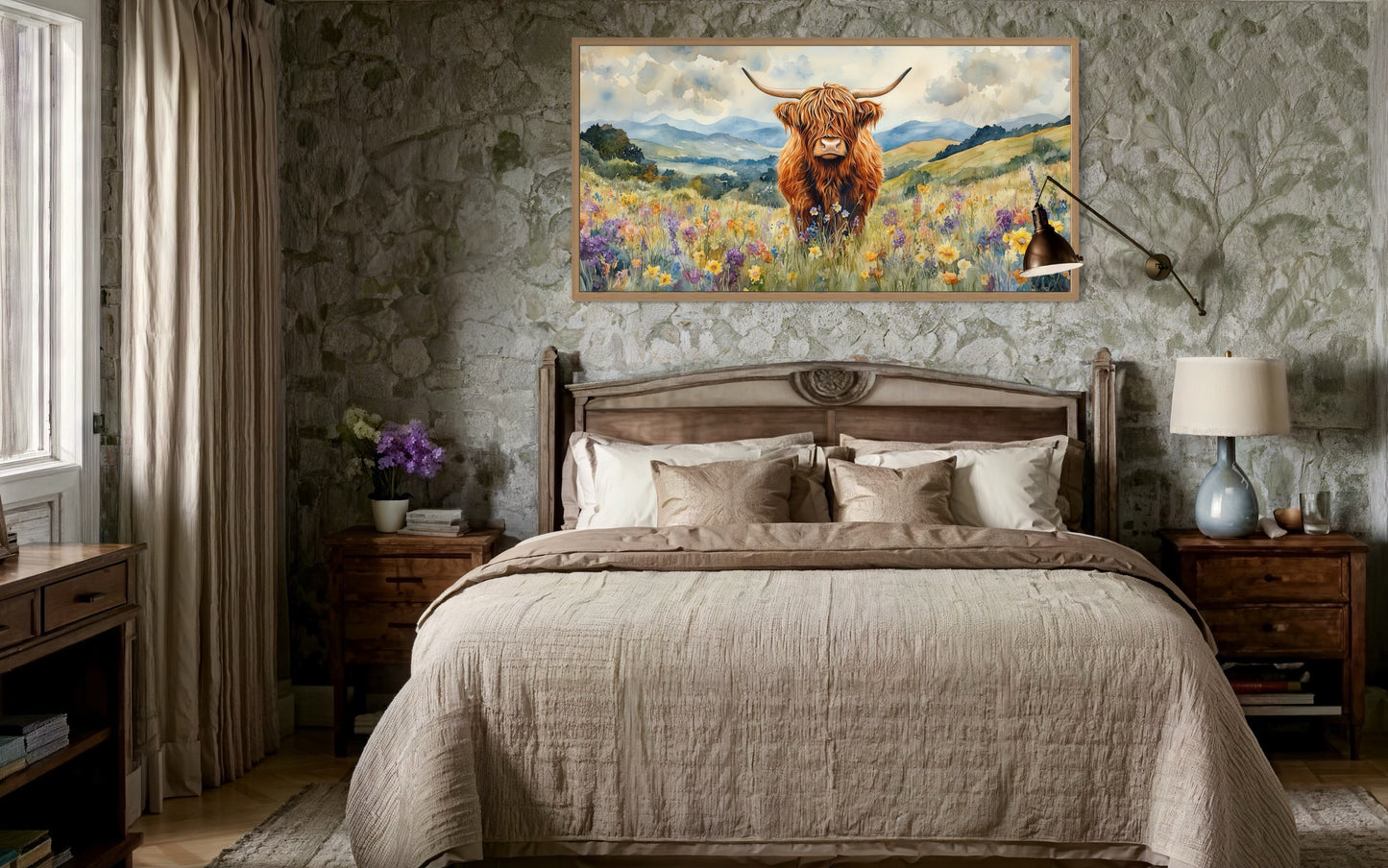 Highland Cow In Wildflower Field Framed Canvas Wall Art