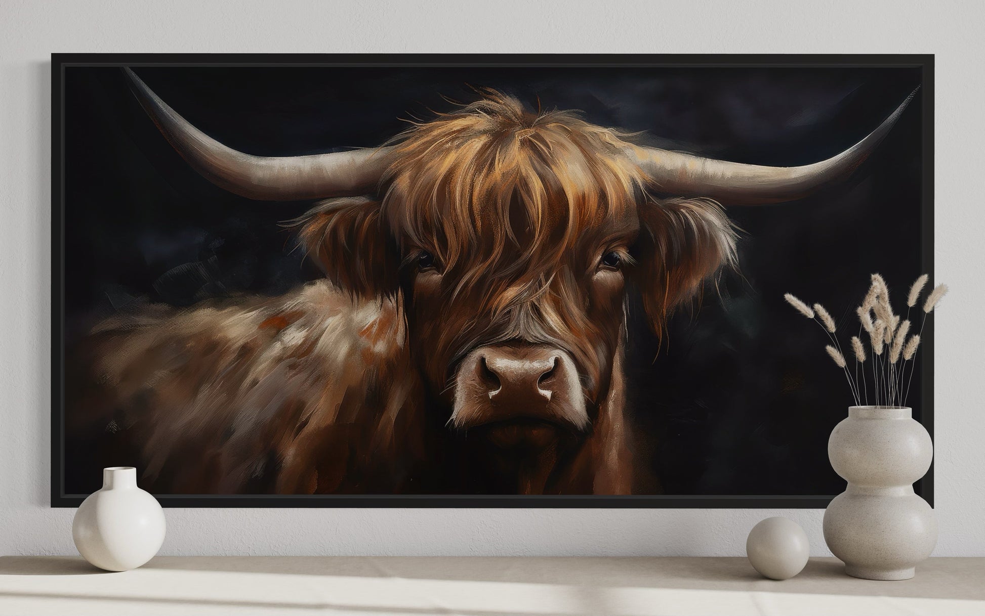 Highland Cow On Black Background Framed Canvas Wall Art Dark Farmhouse Decor