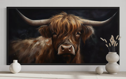Highland Cow On Black Background Framed Canvas Wall Art Dark Farmhouse Decor