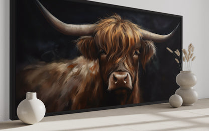 Highland Cow On Black Background Framed Canvas Wall Art Dark Farmhouse Decor