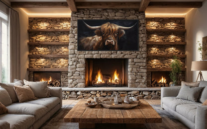 Highland Cow On Black Background Framed Canvas Wall Art Dark Farmhouse Decor