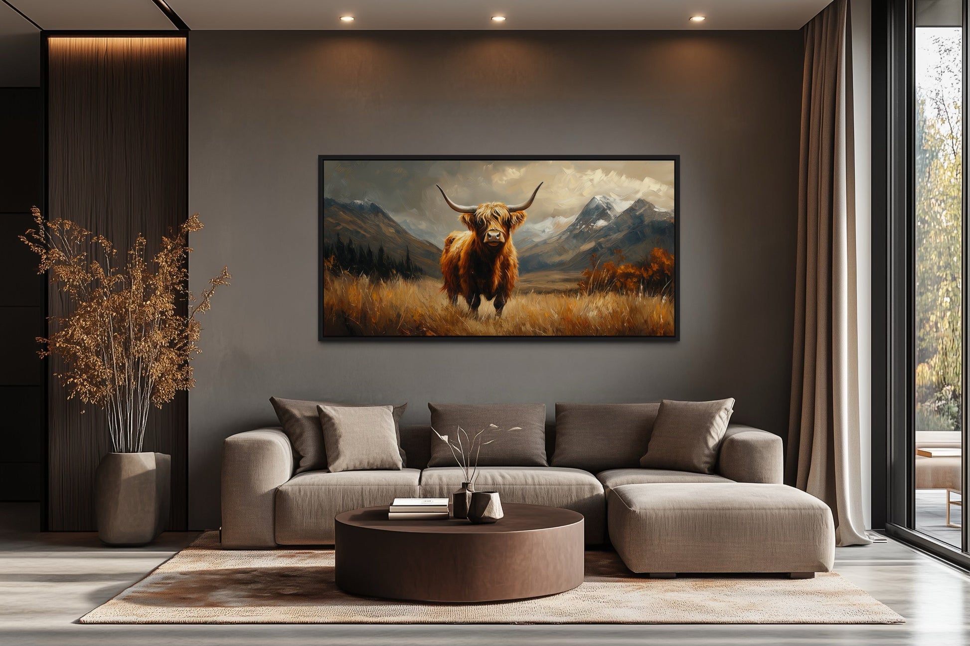 Highland Cow On Brown Landscape Framed Canvas Wall Art