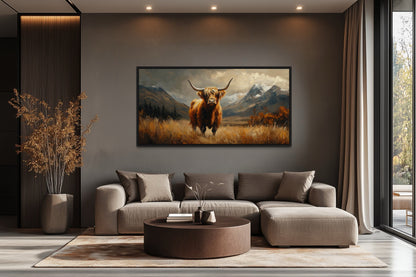 Highland Cow On Brown Landscape Framed Canvas Wall Art
